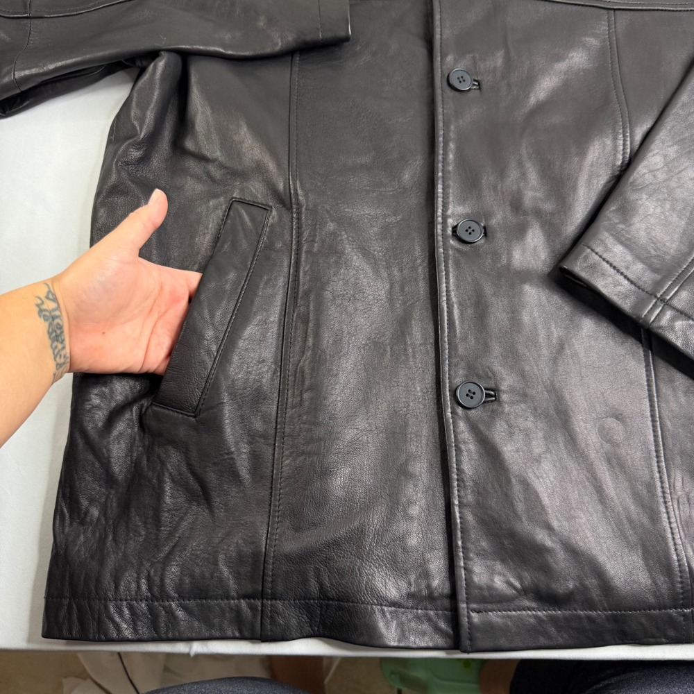 Boston Harbour Outdoorwear Mens Black Leather Button Front Car Coat Jacket L - Picture 5 of 16